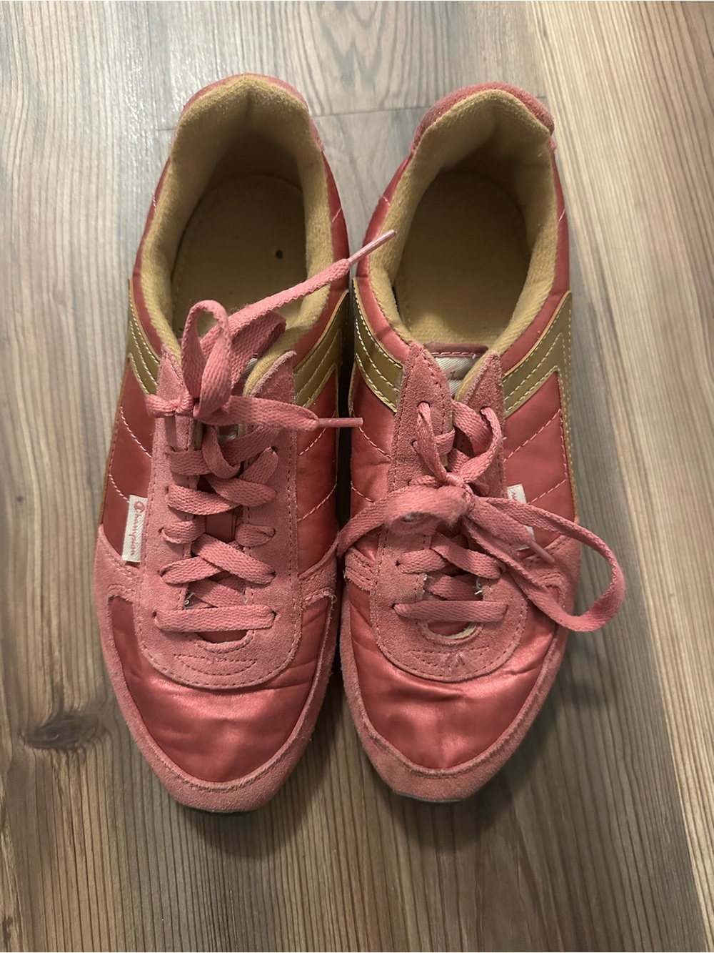 Champion Coral Pink Satin Silk Suede Sneakers with Gold Stripes